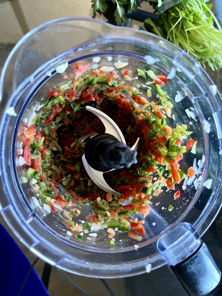 Peppers processed in a food processor for Ryan's Dal Soup